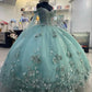 Green Princess Off Sage the Shoulder Ball Gown Quinceanera Dresses for Girls Beaded Celebrity Party Gowns 3D Flowers with Cape    cg25695