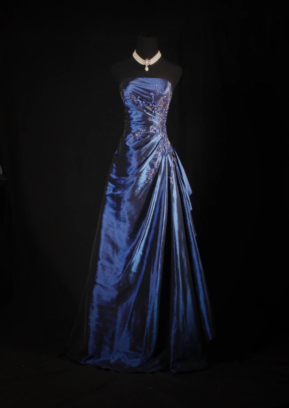 Elegant Navy Blue Strapless A-Line Prom Dress, Navy Blue Ruched Long Formal Dress main image 0