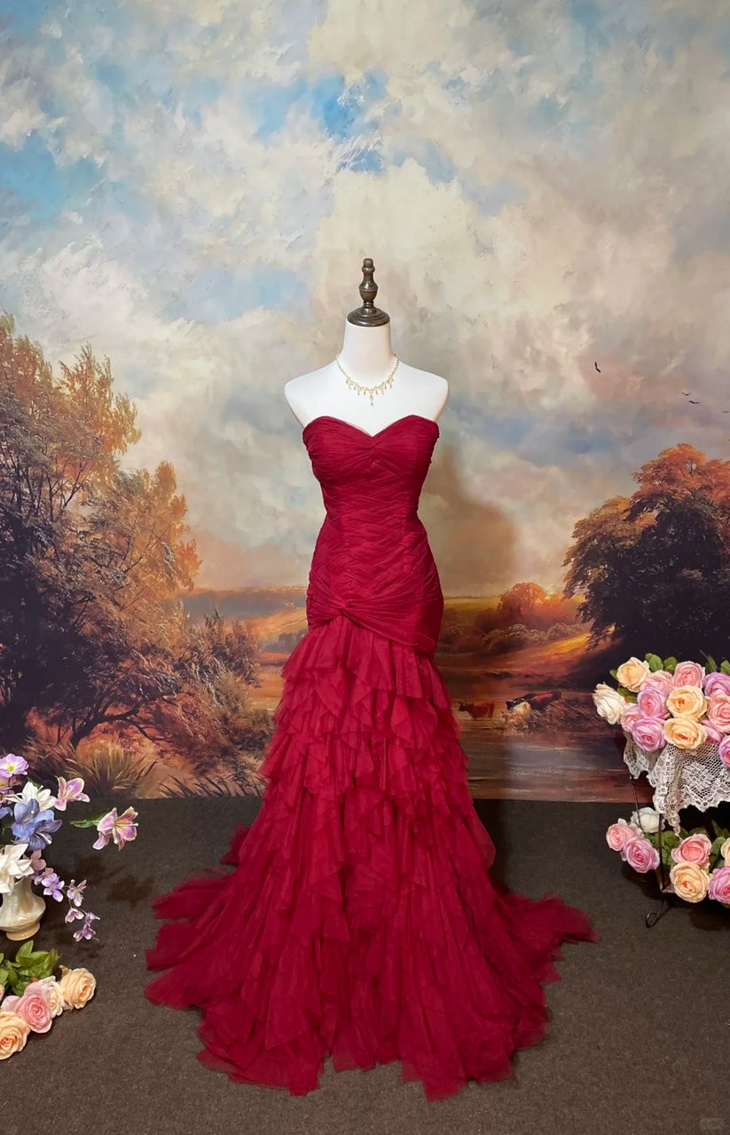 Women’s Burgundy Sleeveless Ruched Satin Mermaid Gown – Elegant Evening Maxi Dress main image 0