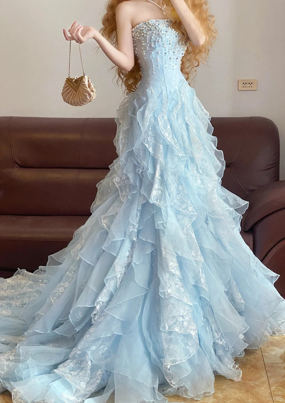 Elegant V Neck Blue Tulle Sequin Mermaid Evening Dress Long Birthday Party Gown With Ribbon main image 0