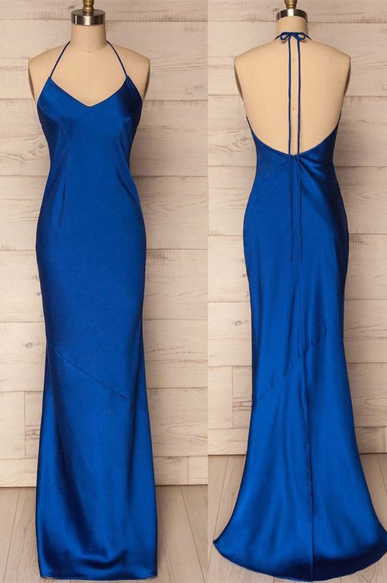 Mermaid Halter Royal Blue Satin Long Prom Gown       cg25094