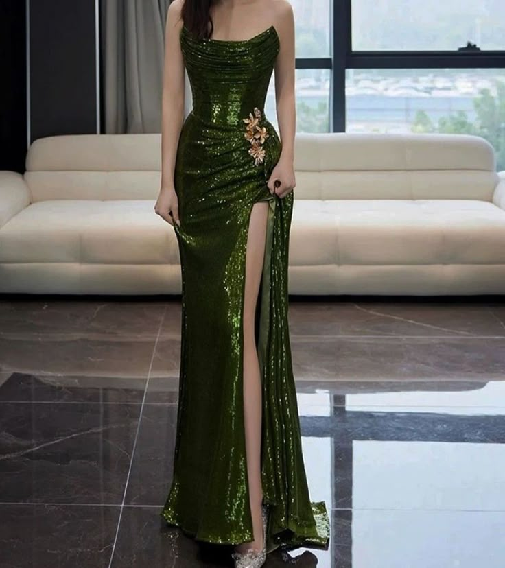 Sexy Mermaid Strapless Dark Green Sequin Long Prom Dresses Evening Gowns     cg25409