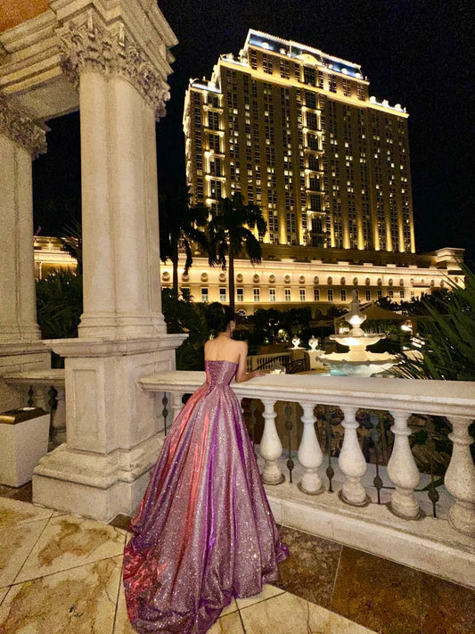 A Line Vintage Strapless Purple Shinny Long Prom Party Dresses Unique Evening Dress   cg26066