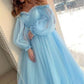 yellow tulle prom dresses long sleeves off shoulder   cg10899