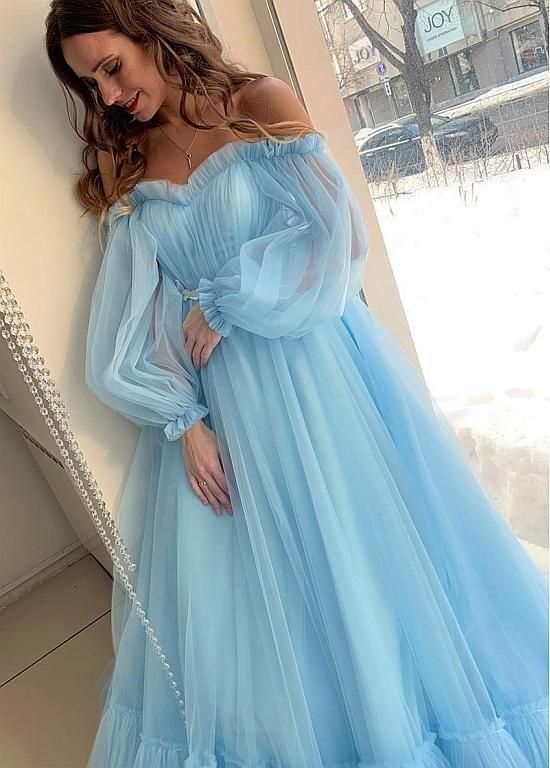 yellow tulle prom dresses long sleeves off shoulder   cg10899