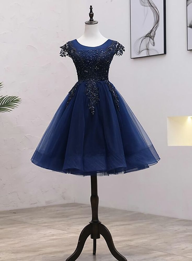 Navy Blue Tulle Beaded Knee Length Cap Sleeves Prom Dress, Blue Homecoming Dress      cg25019