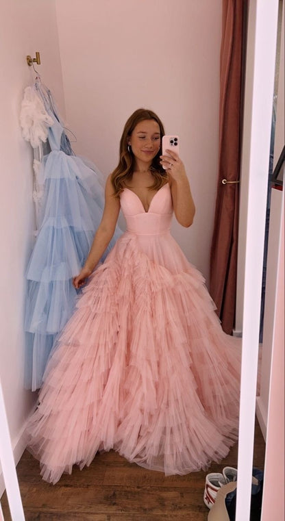 A Line Pink Tulle Long Prom Dresses Charming Evening Dress    cg25367