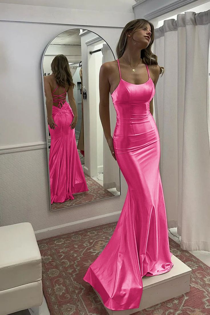 Cute Mermaid Scoop Neck Pink Satin Long Prom Dress    cg25397