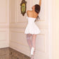 Sexy White Satin Prom Dress A-Line Strapless Sleeveless Bow Ruched Formal Evening Dress Above Knee Party Gown    cg26003