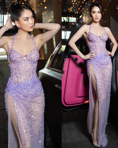 Lilac Sequin Formal Dress Evening Dress With Slit     cg25435