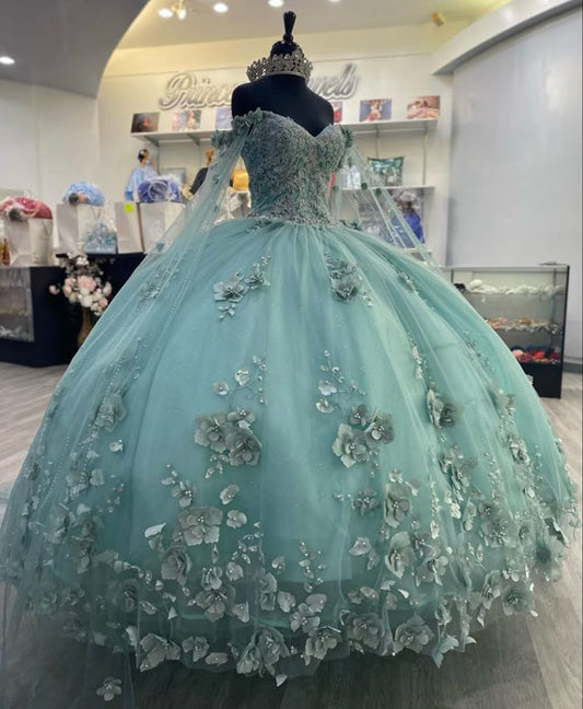 Green Princess Off Sage the Shoulder Ball Gown Quinceanera Dresses for Girls Beaded Celebrity Party Gowns 3D Flowers with Cape    cg25695