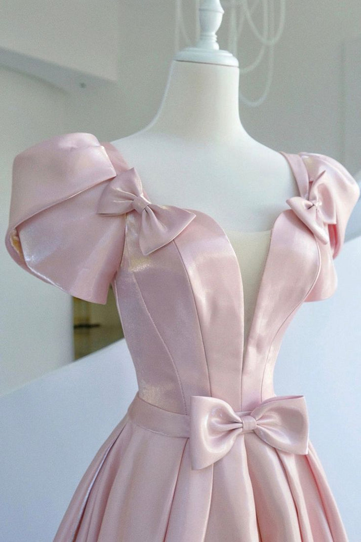 Pretty Pink Beaded Rose Pleated A Line Satin Prom Dress Long Evening Dress Ball Gown Y8518 main image 1