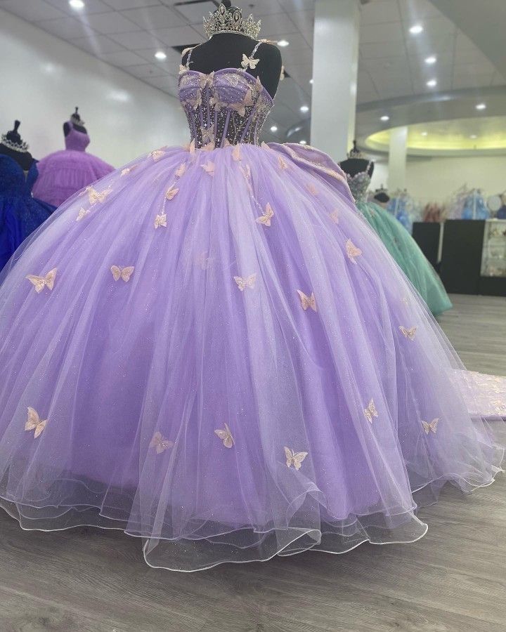 Lila Tüll Ballkleid mit Schmetterlingen, Sweet 16 Kleid, Lila Prinzessinnenkleid cg25047