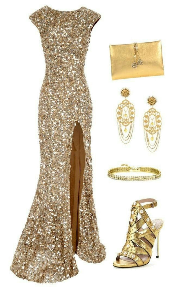 Sparkly Gold Sequin A-line Long Evening Prom Dresses, Evening Party Prom Dresses, 12295 main image 0