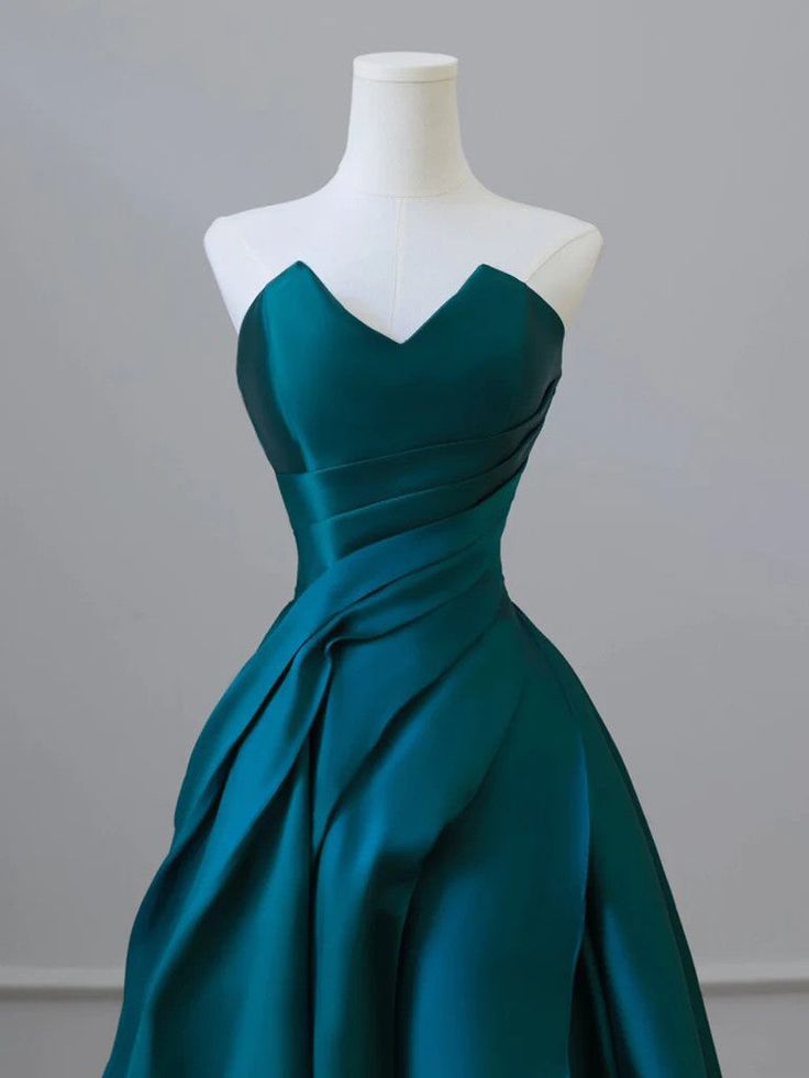 A-Line Strapless Satin Peacock Blue Long Prom Dress, Simple Peacock Blue Evening Dress     cg25016