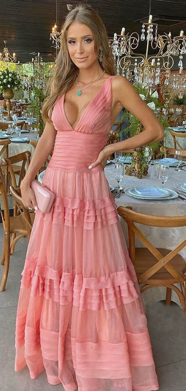 V-Neck Floor-Length Layered Dress Sweet Dress Long Prom Dress  cg8980