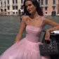 Simple Pink Tulle Prom Dress Spaghetti Straps Tea Length Evening Gown Graduation Guest Dress      cg25142