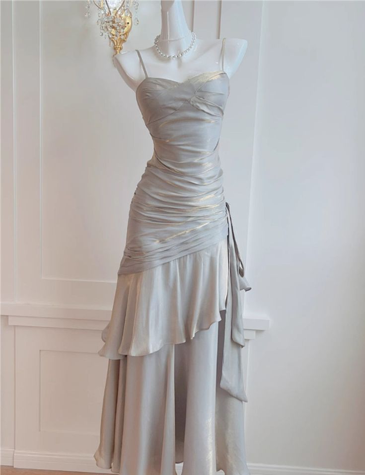 Sliver Grey Satin Straps Long Formal Gown, Cute Long Prom Dress      cg25173