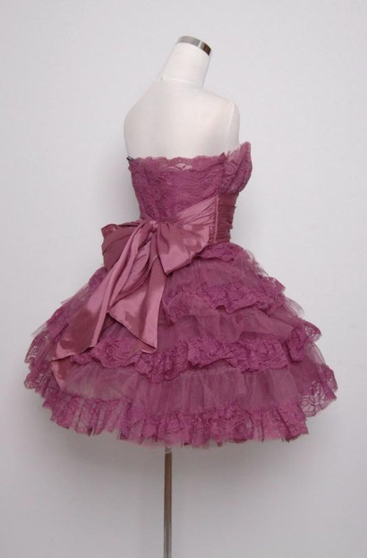 Elegant Strapless A Line Lace Prom Dress Vintage Formal Dress Short Evening Gown   cg25839