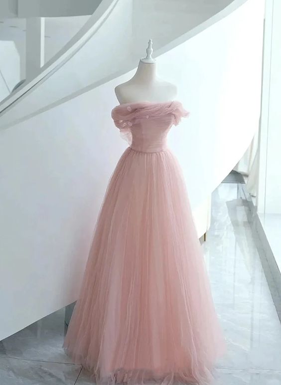 Pink Tulle Scoop A-line Floor Length Party Dress, Pink Off Shoulder Formal Dress Prom Dress    cg25013