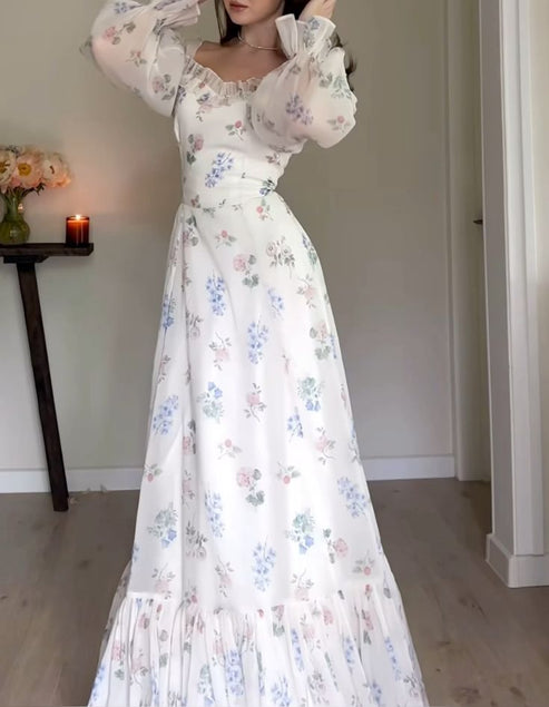 Elegant Gray Ruffles Long Sleeves Chiffon Prom Dresses