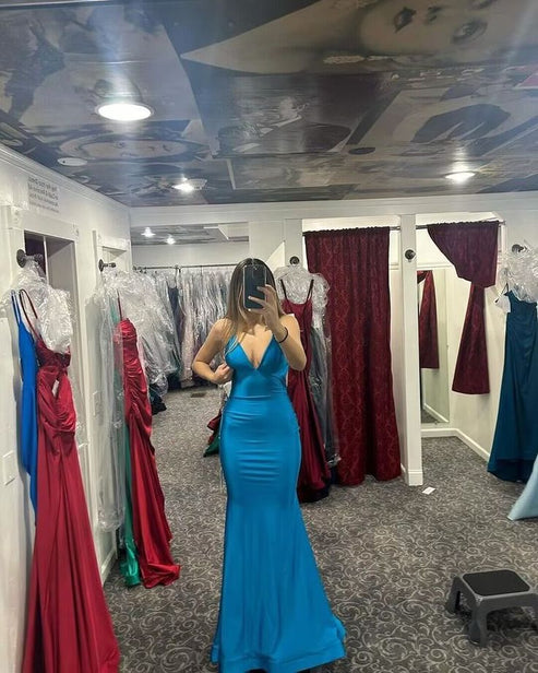 Elegant Blue V Neck Mermaid Prom Dress Formal Evening Gown Y8181