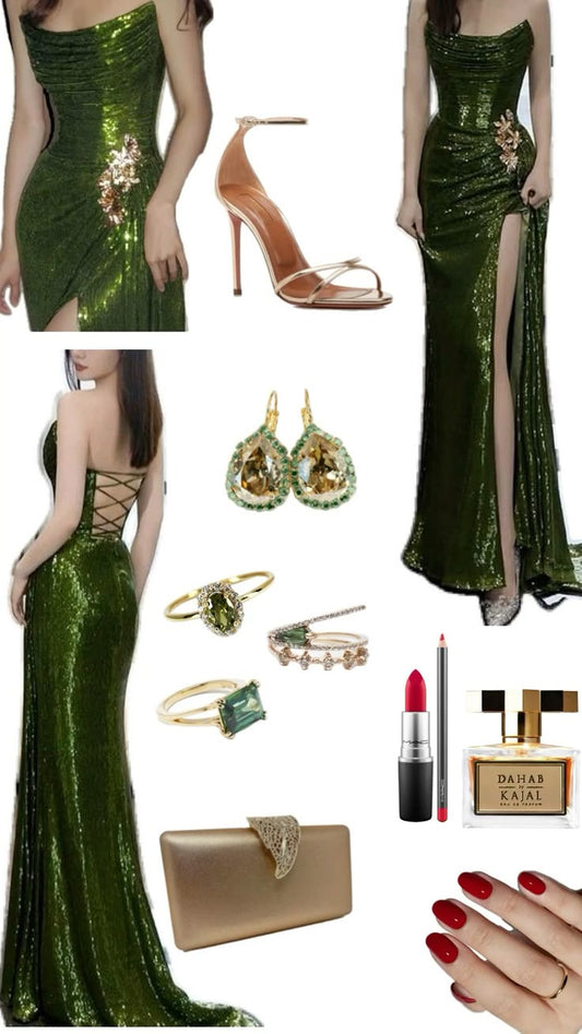 Sexy Mermaid Strapless Dark Green Sequin Long Prom Dresses Evening Gowns     cg25409