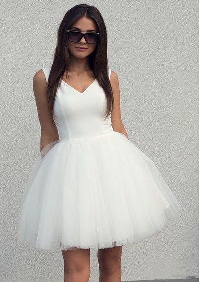 White v neck tulle short dress, homecoming dress cg3030