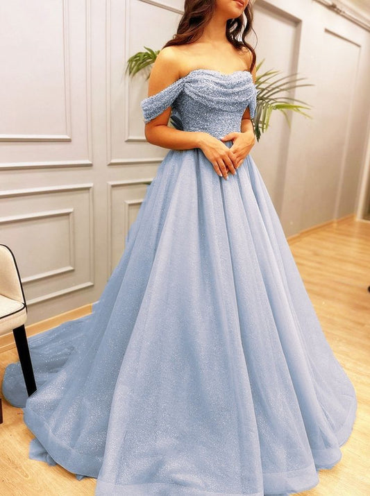 Long  Sky Blue Sparkly Prom Dress, A-line off-the-shoulder formal gown  cg25388