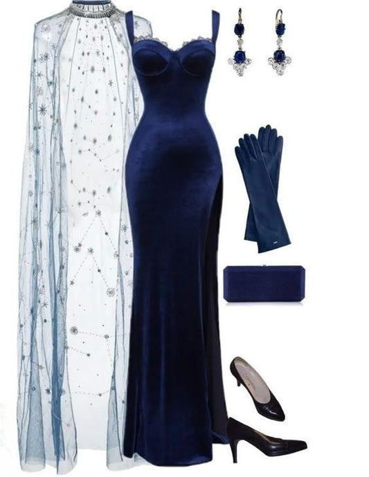 Sheath Straps Navy Blue Velvet Slit Prom Dresses Long Evening Dress     cg25410