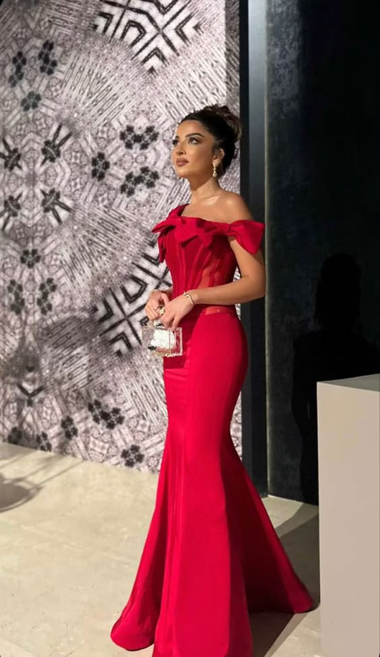 Red Mermaid Evening Dresses for Women Off Shoulder Floor Length Formal Event Elegant Party Gown     cg25177