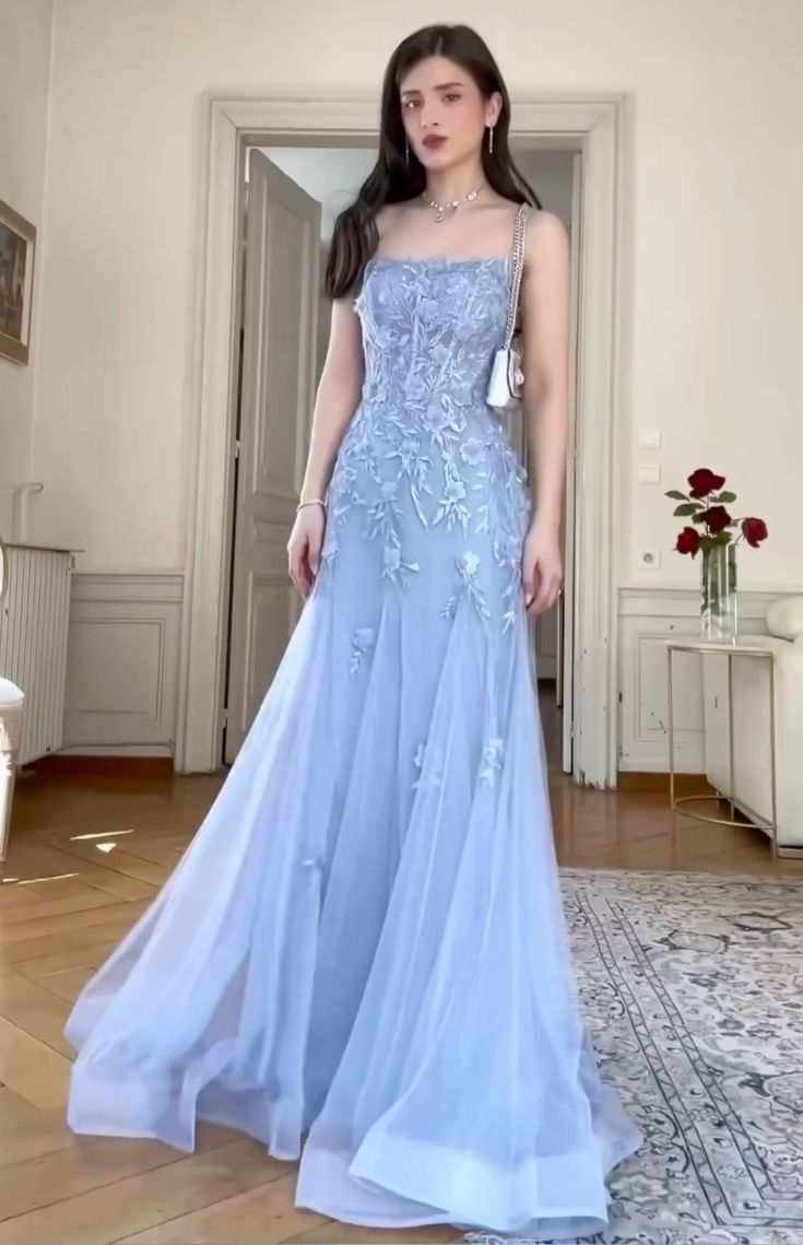 Blue Tulle Lace Appliques Long Prom Dresses Charming Evening Dress  cg25377