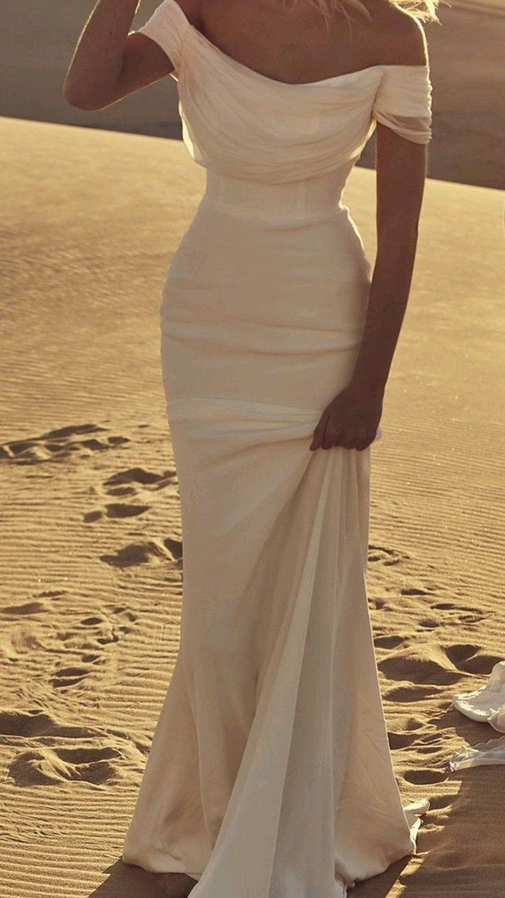 Off the Shoulder Long Sleeves Sexy Bodycon White Wedding Guest Dress
