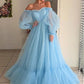 yellow tulle prom dresses long sleeves off shoulder   cg10899