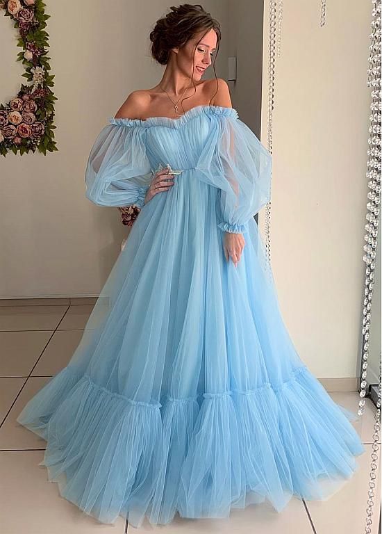 yellow tulle prom dresses long sleeves off shoulder   cg10899