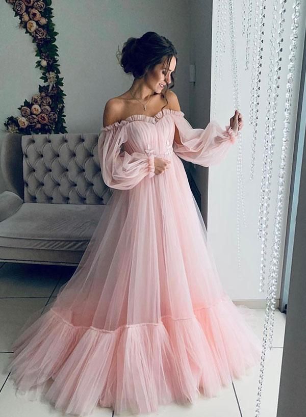 yellow tulle prom dresses long sleeves off shoulder   cg10899