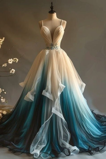 Elegant A-Line V-Neck Tulle Applique Long Prom Dress, Spaghetti Strap Vintage Evening Dress    cg25400