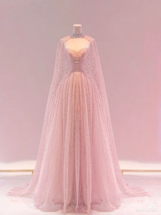 A Line Pink Tulle Sequin Evening Dress Prom Party Dress With Cape    cg25644
