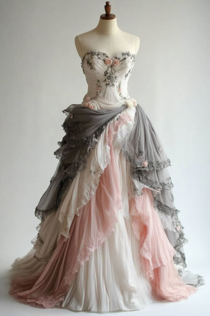 Princess A Line Strapless Tulle Sequin Beaded Without Sleeves Long Prom Dress, Evening Dress C6505