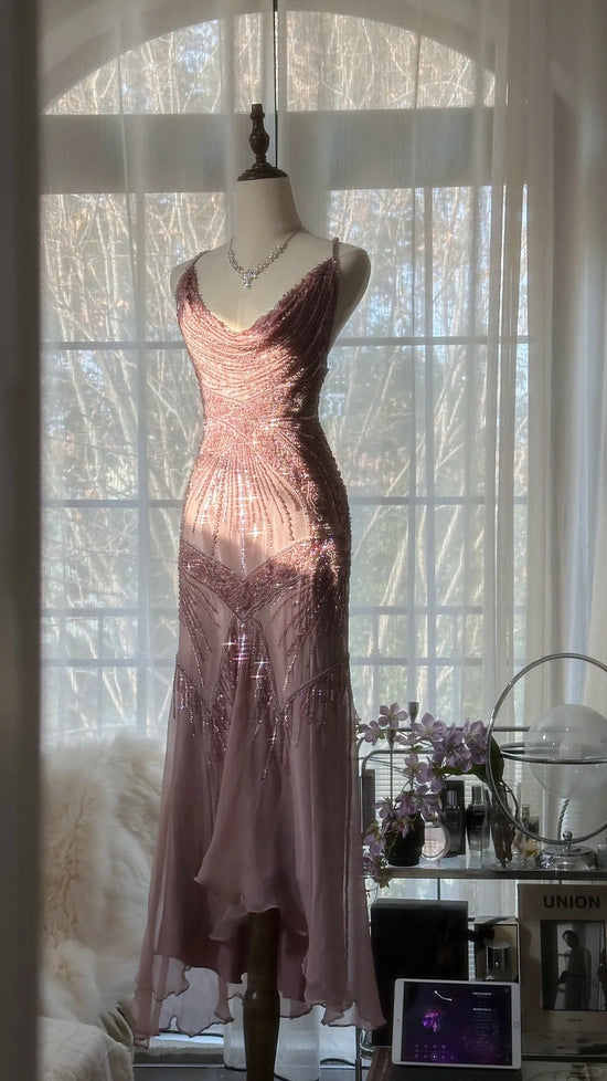 Women's Retro Pink Maxi Dress Sexy Fashion Party Evening Gown