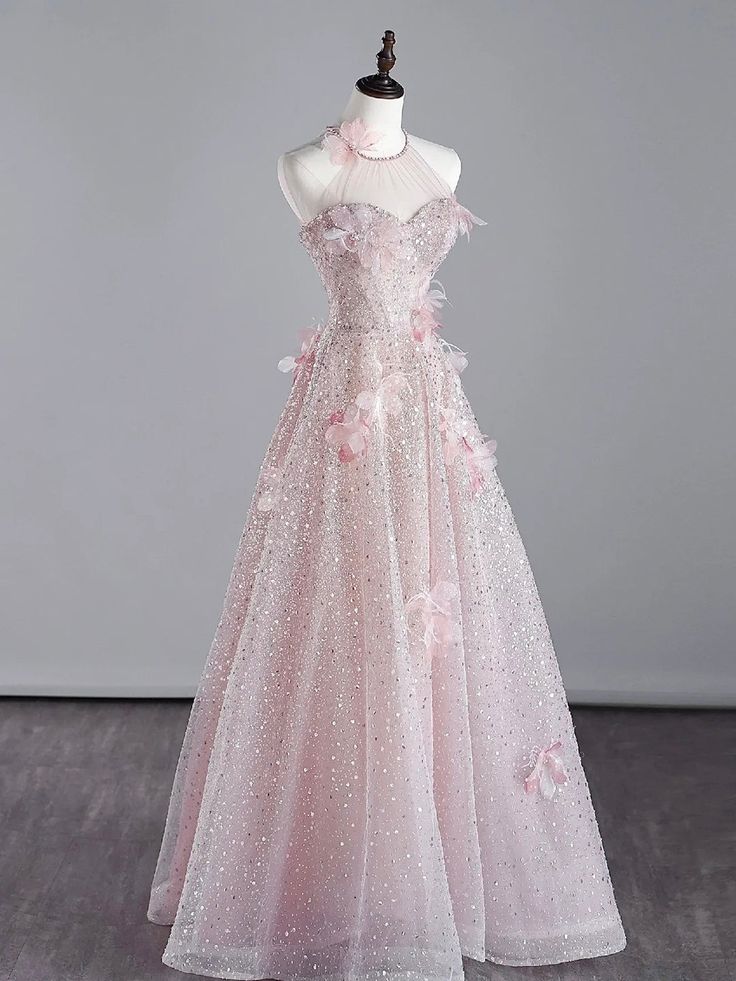 Pink Halter Shiny Tulle Long Prom Dress, Pink Tulle Evening Dress with Flowers      cg25052