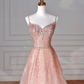 Pink Tulle Sequins Beaded Prom Dress Spaghetti Straps A Line Evening Dress cg26239