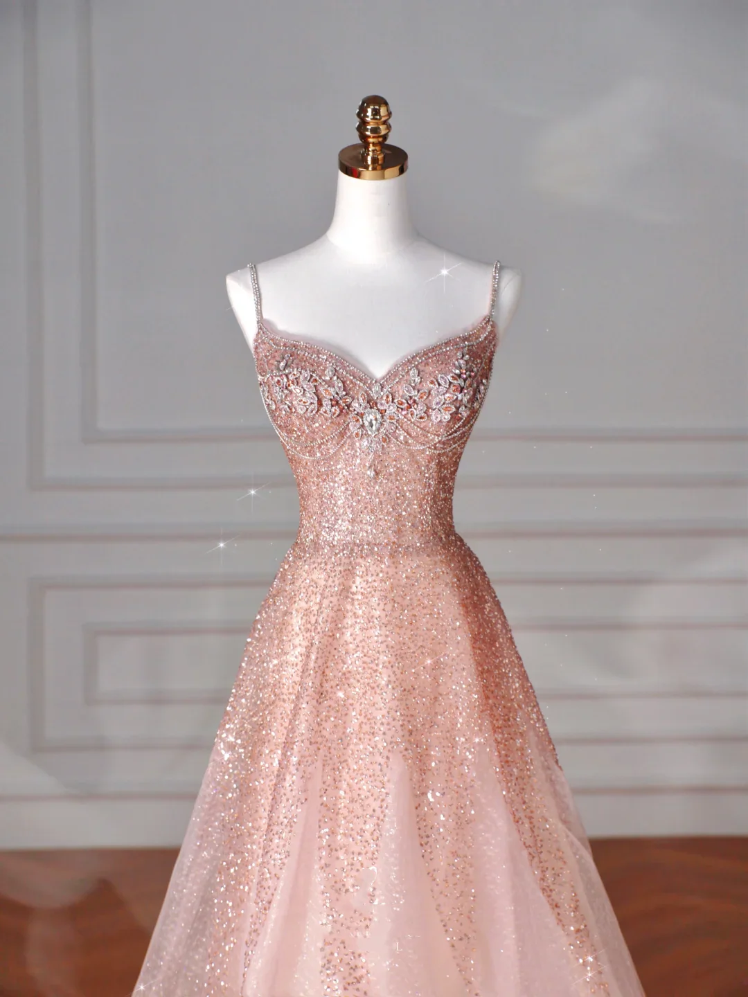 Pink Tulle Sequins Beaded Prom Dress Spaghetti Straps A Line Evening Dress cg26239