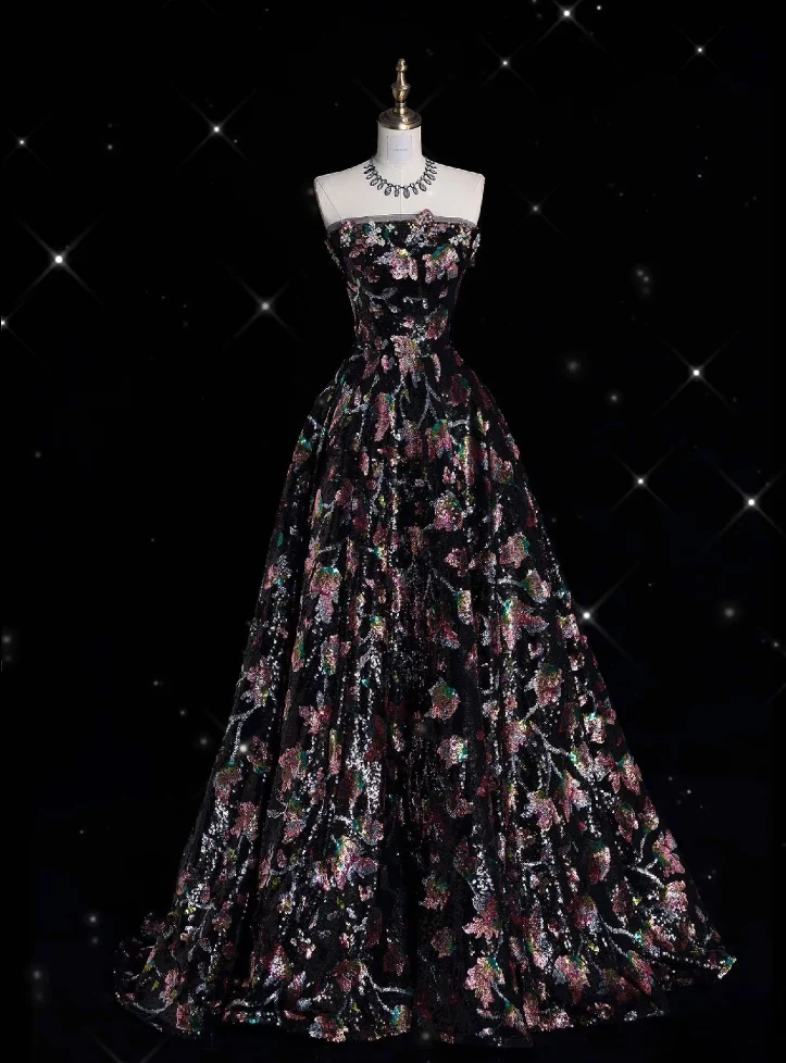 Fashion Ball Gown Strapless Black Floral Floor Length Evening Dress Prom Dresses cg26240