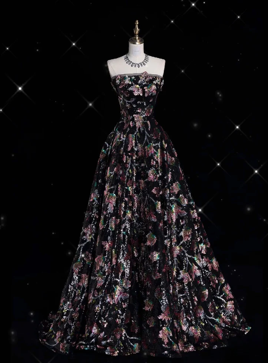 Fashion Ball Gown Strapless Black Floral Floor Length Evening Dress Prom Dresses cg26240