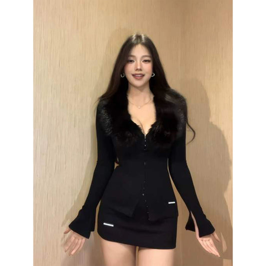 Deep V-neck knit top and sexy bodycon skirt set G013