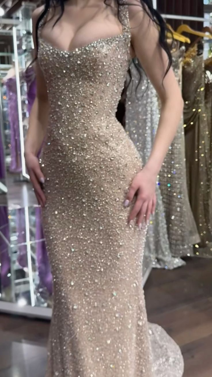 Sparkly Mermaid Square Neck Sequin Champagne Prom Dresses Party Dress
