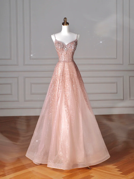 Pink Tulle Sequins Beaded Prom Dress Spaghetti Straps A Line Evening Dress cg26239