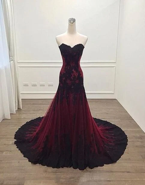 Mermaid Strapless Burgundy Lace Evening Dress Prom Dress  cg26241