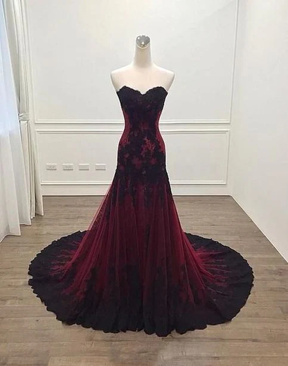 Mermaid Strapless Burgundy Lace Evening Dress Prom Dress  cg26241